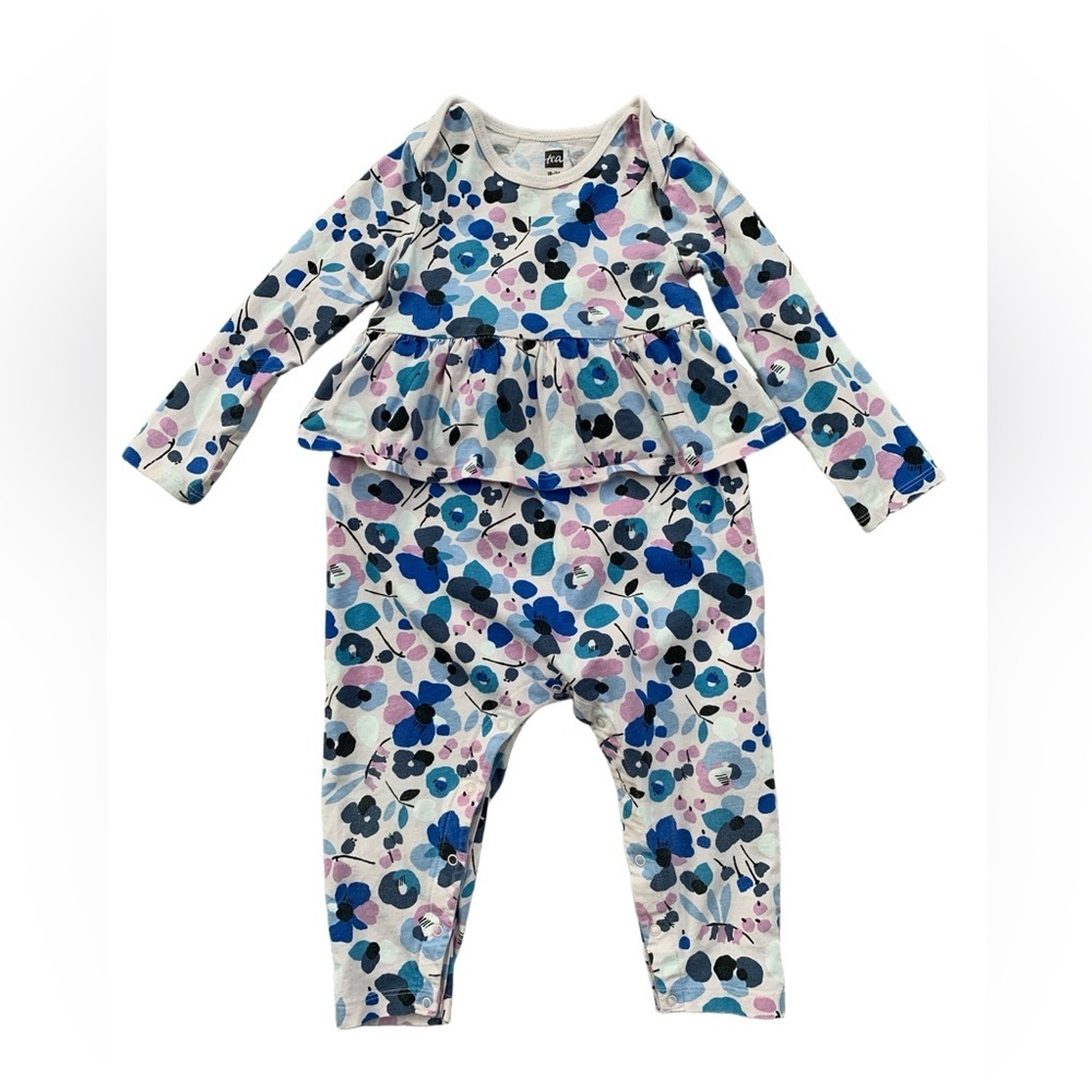 Tea Collection Size 18-24 Months Pink and Blue Floral Peplum Romper Jumpsuit